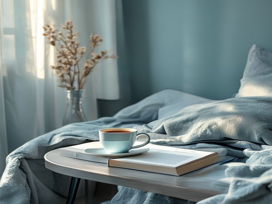 Organiseret nat med journal og kaffe på stilbord